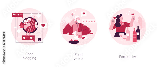 Food review abstract concept vector illustration set. Food blogging and critic, sommelier, social media, restaurant chef, rating, expert opinion, culinary show, wine steward, foodie abstract metaphor.