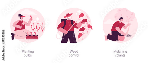 Garden seasonal works abstract concept vector illustration set. Planting bulbs, weed control, mulching plants, flower bed, soil processing, herbicide and pesticide, wood chips abstract metaphor.
