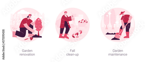 Landscaping service abstract concept vector illustration set. Garden renovation and maintenance, fall clean-up, plant seeding, flower bed, hedge trimming, mulching, leaf removal abstract metaphor.