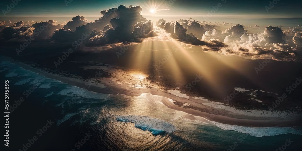 aerial photo with sunlight of the ocean in the distance. Generative AI