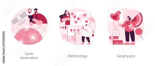 Planetary science abstract concept vector illustration set. Earth observation, meteorology and geophysics, satellite service, met station, weather prediction, space engineering abstract metaphor.