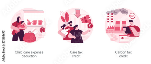 Family support abstract concept vector illustration set. Child care expense deduction, care and carbon tax credits, taxable income, family budget, bank transfer, paycheck abstract metaphor.