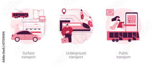 Public transport system abstract concept vector illustration set. Surface transport, underground public urban transportation, buy ticket, subway train station, bus stop, passenger abstract metaphor.