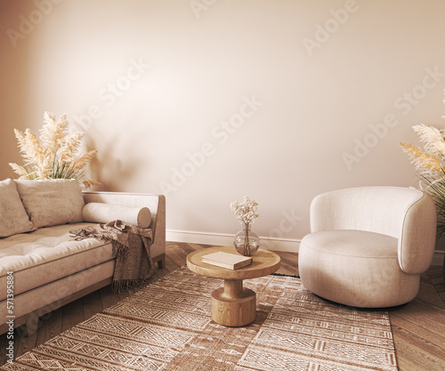 Beige color interior design with white sofa,wooden boho table and ethnic carpet in modern coastal living room. Empty wall mockup. 3d render. High quality 3d illustration