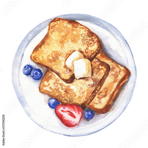Watercolour french toasts dessert. Food illustration.