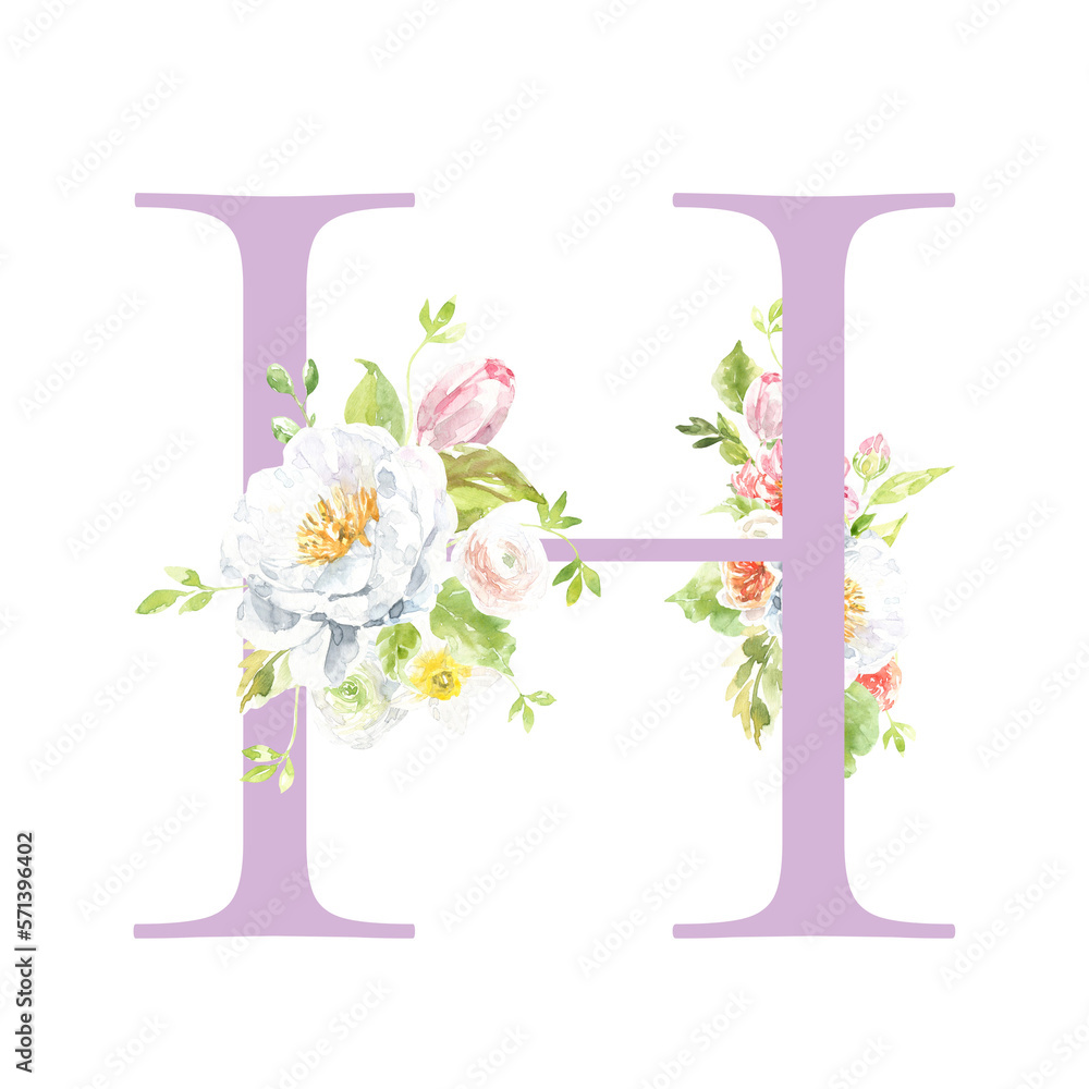 Watercolor lilac, Rose, pink floral alphabet. Spring flowers letter H ...