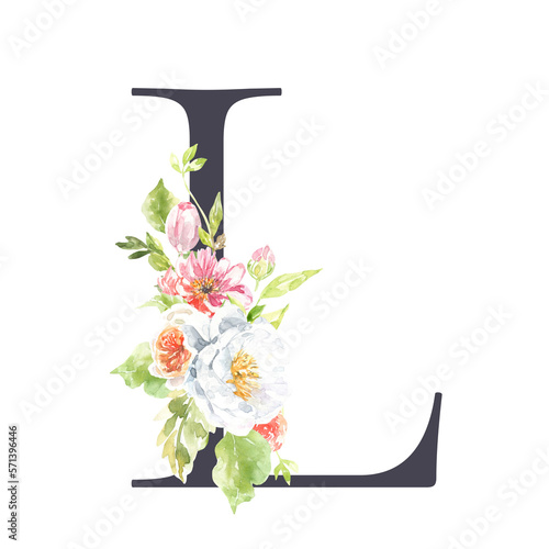 Watercolor Black,charcoal floral alphabet. Spring flowers letter L monogram initials illustration. Botanical, rose peony bouquet, green, garden decor. Spring wedding stationery greeting card, rsvp
