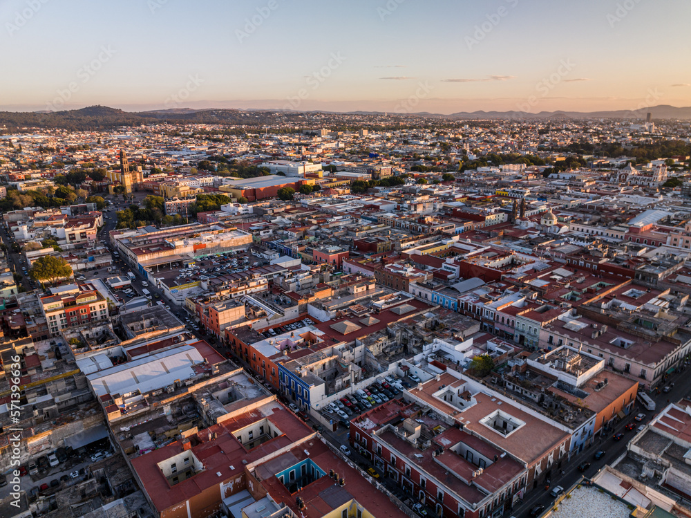 Beautiful aerial view of the city of Puebla in Mexico. Amazing sunset.