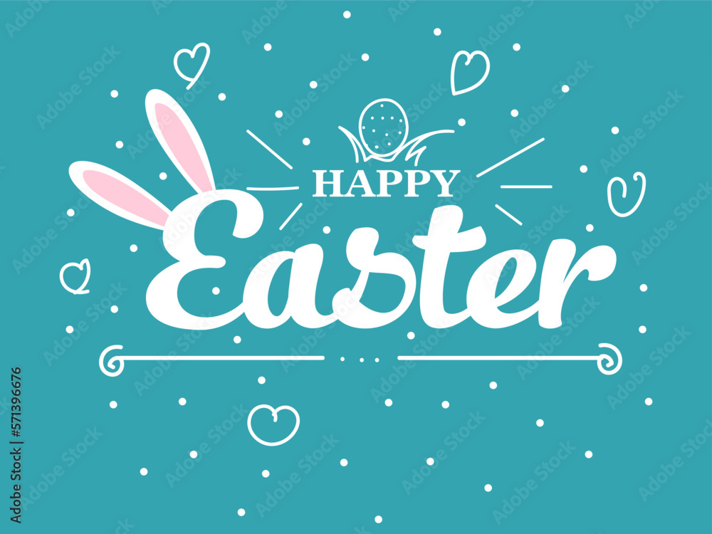 Happy easter background or card with egg and bunny ears. Doodle style design. Easter rabbit poster. Vector illustration 