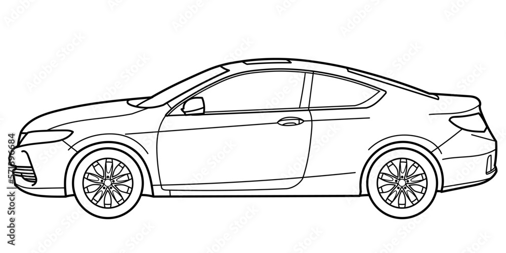 Outline drawing of a sport coupe car from side view. Classic modern style. Vector outline doodle illustration. Design for print or color book.