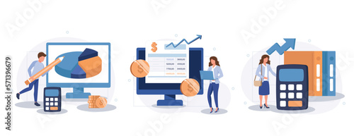 Budget bookkeeping illustration set. People doing paperwork. Characters accounting debit and credit, calculating bills and income taxes. Financial management concept. Vector illustration.
