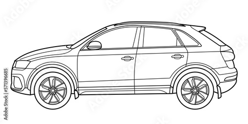 Classic luxury suv car. Crossover car front view shot. Outline doodle vector illustration. Design for print, coloring book