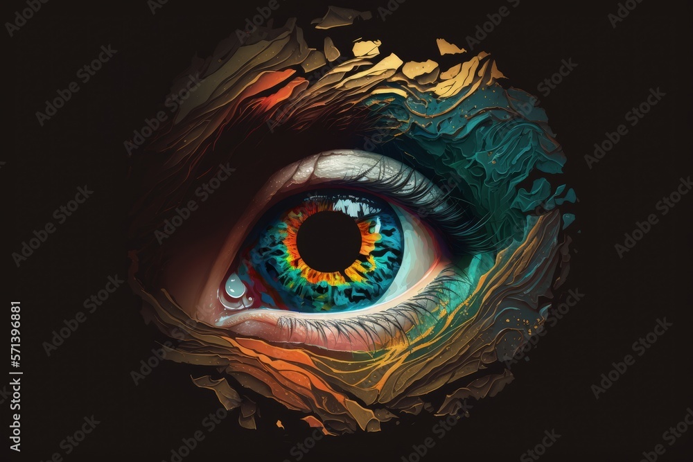 A woman's eyes are depicted in an abstract form peering through a