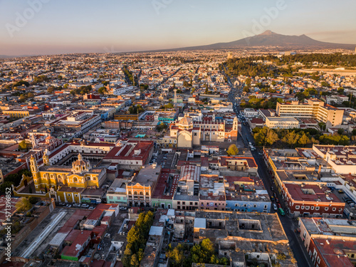 Beautiful aerial view of the city of Puebla in Mexico. Amazing sunset.