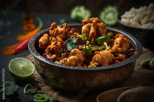 Selective focus on Gobi Manchurian dry, a popular street meal in India made with cauliflower florets. Generative AI photo