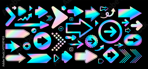 holographic arrow set, vector iridescent arrows symbol design set. No background png, transparent background. 