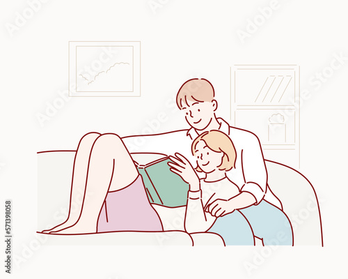 woman and man relaxing on couch at home in living room. Hand drawn style vector design illustrations.