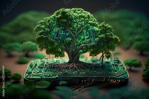 trees are growing in from circuit boards, Generative AI, clean energy, renewable energy, green technology, sustainable design