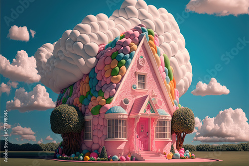 A house surrounded by clouds and trees, pop surrealism, behance hd, rendered in cinema4d, artstation hq, generative AI photo
