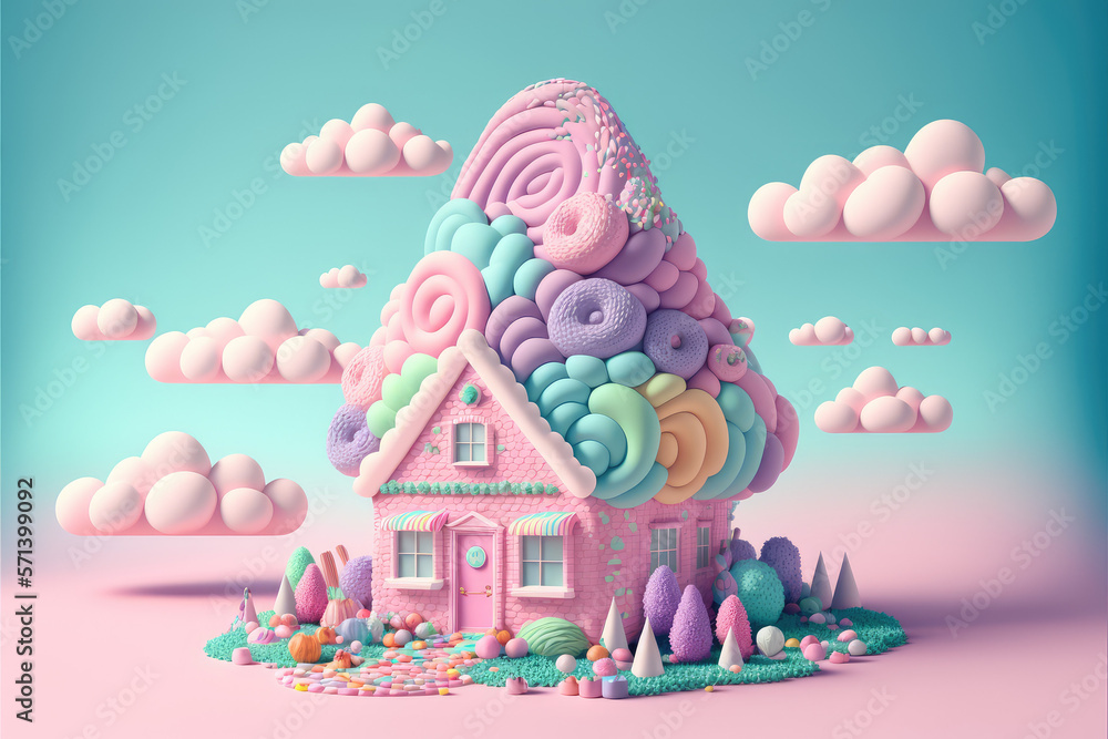 A pink house surrounded by clouds and candy,  rendered in maya, adafruit, generative AI
