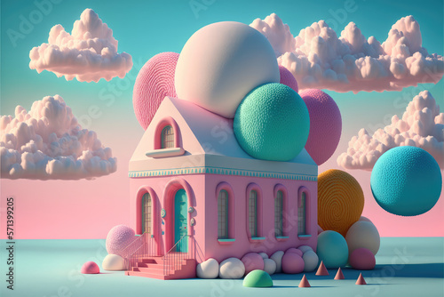 a pink house surrounded by colorful balls and clouds, pop surrealism, generative AI