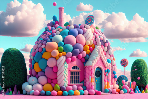 A pink house surrounded by balloons and clouds  vray  behance hd  generative AI 