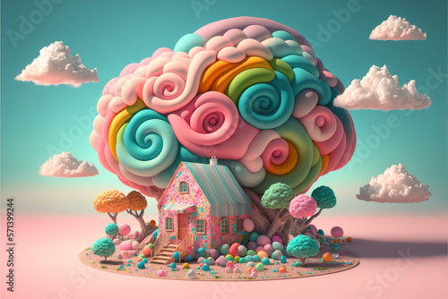 A house surrounded by clouds and trees, pop surrealism, behance hd, rendered in cinema4d, artstation hq, generative AI 