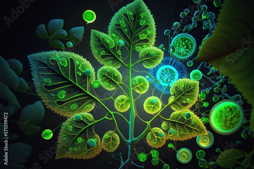 Abstract representation of photosynthesis with bright green chloroplasts colorful light rays and intricate details, concept of Photosynthesis and Chloroplasts, created with Generative AI technology