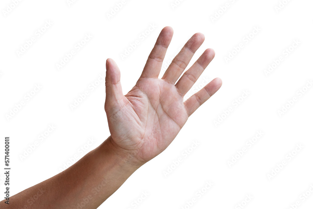 Male hand in waving gesture, saying hello. Front view of the palm.  Isolated. Stock Photo