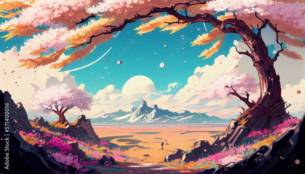 Fototapeta premium beautiful landscape in spring season with the mountain in anime style geneartive ai