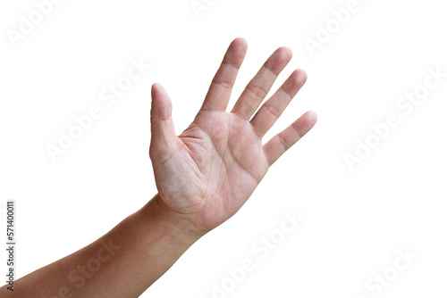Male hand in waving gesture, saying hello. Front view of the palm. Isolated.