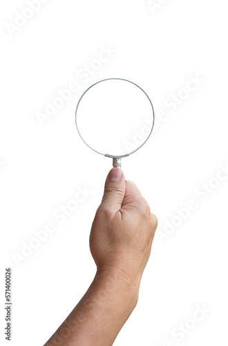 Man holding a magnifying glass with one hand. Isolated.