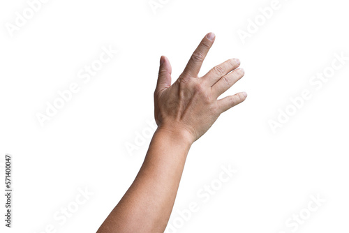 Male hand gesturing sliding up or touching screen. Isolated.