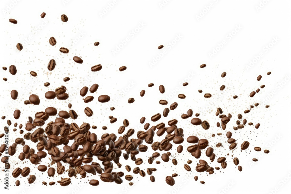 Obraz premium On a white background, roasted coffee beans appear to be flying from top to bottom with a motion effect. Generative AI