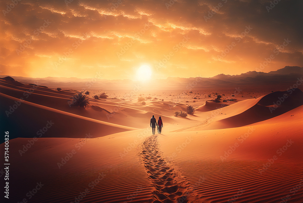 Two influencer tourists walk on the sand of a desert. Ai generated