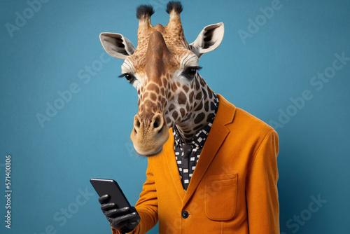 Studio photo portrait of a happy giraffe in business clothes with phone, concept of Business Casual and Professionalism, created with Generative AI technology