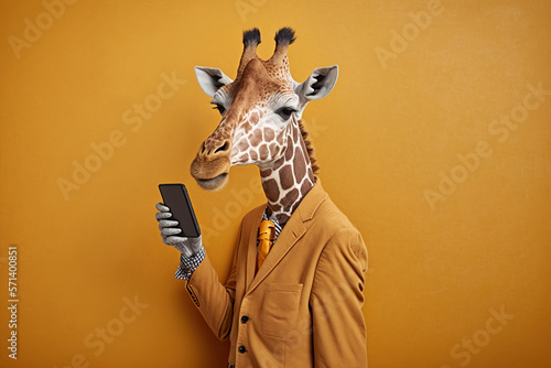 Studio photo portrait of a happy giraffe in business clothes with phone, concept of Business Casual and Professionalism, created with Generative AI technology