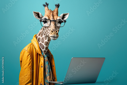 Studio photo portrait of a happy giraffe in hipster clothes working on laptop, concept of Vibrant Colors and Creative Pose, created with Generative AI technology