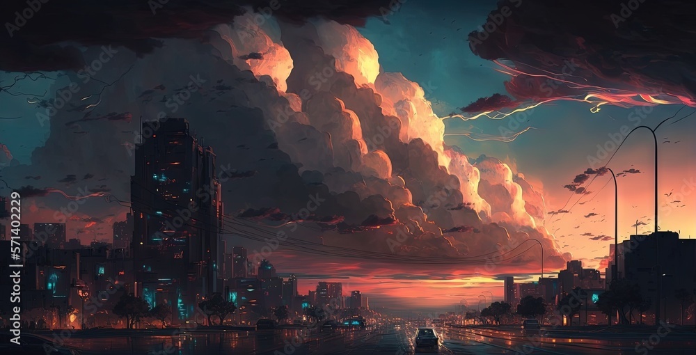 A city at dusk. The clouds are numerous and the sky is vibrant. Generative AI