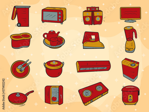 Collection of Doodle Household Appliances Icons Hand Drawn, and Decorated in Color, Household Appliances Vector Illustration