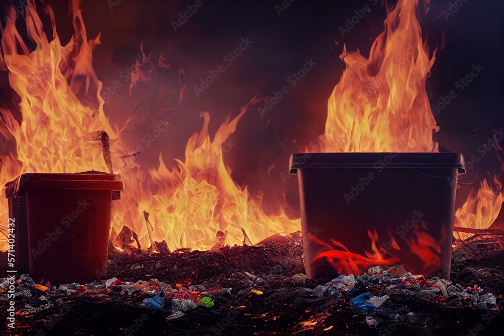 Garbage and fire burn in landfill. Also call trash, waste, rubbish