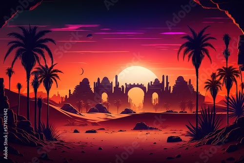 Fantasy desert landscape of the future with neon sunset, palm trees, clouds, oasis, and island. Old city, in the desert, with ancient ruins. illustration. Generative AI