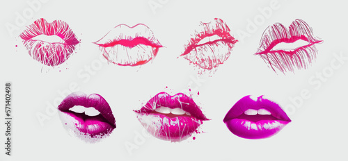Watercolor female lips in pink shades and with pink lipstick. Kiss mark. Vector templates of lips, kiss. Design for print, book, sticker, poster. Vector