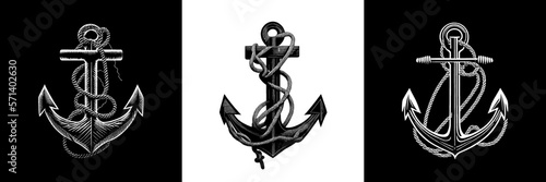 Black and white anchor icons set. Iron anchor with rope. Design for print, book, sticker, poster. Vector illustration