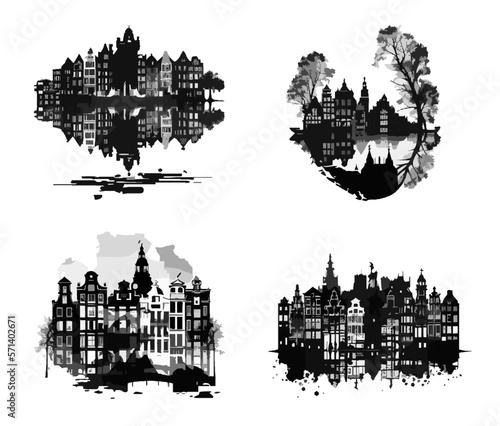 Set of black and white buildings in a watercolor style isolated on a white background. Watercolor illustration of Amsterdam. Journey. Ideal for postcard, book, poster, banner. Vector illustration