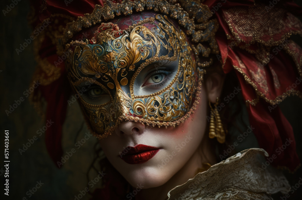 Woman face wear beautiful masquerade mask. Carnival party festival of jewish hamantaschen costume. generative ai. Woman face wear beautiful masquerade mask. Carnival party festival of jewish hamantaschen costume. generative ai.