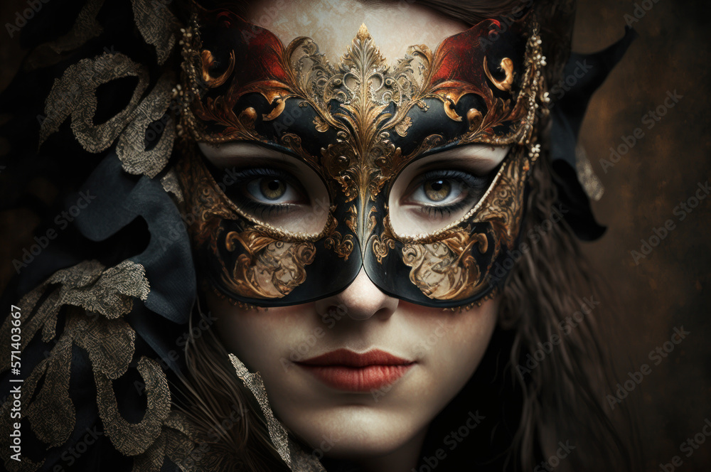 Woman face wear beautiful  masquerade mask. Carnival party festival of jewish hamantaschen costume. generative ai.