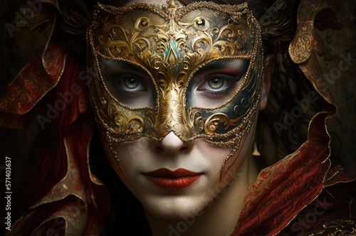 Woman face wear beautiful  masquerade mask. Carnival party festival of jewish hamantaschen costume. generative ai. © ant