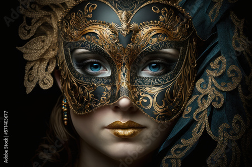Woman face wear beautiful masquerade mask. Carnival party festival of jewish hamantaschen costume. generative ai.