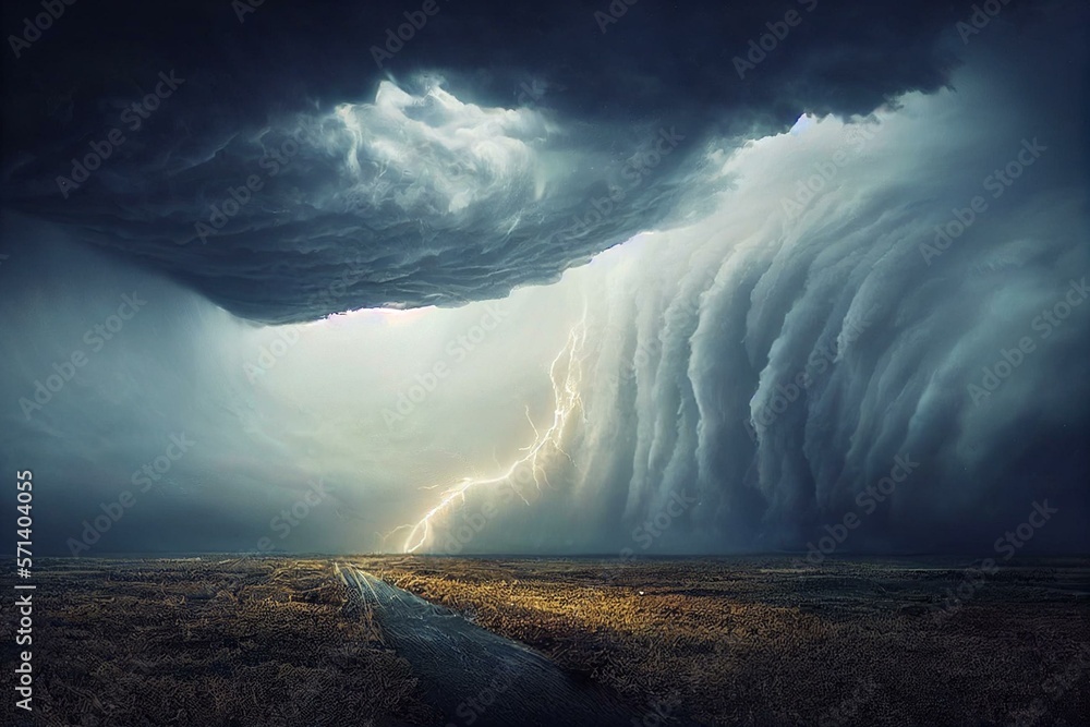 Tornado. Digital art. Massive tornado, cyclone on land with huge clouds ...